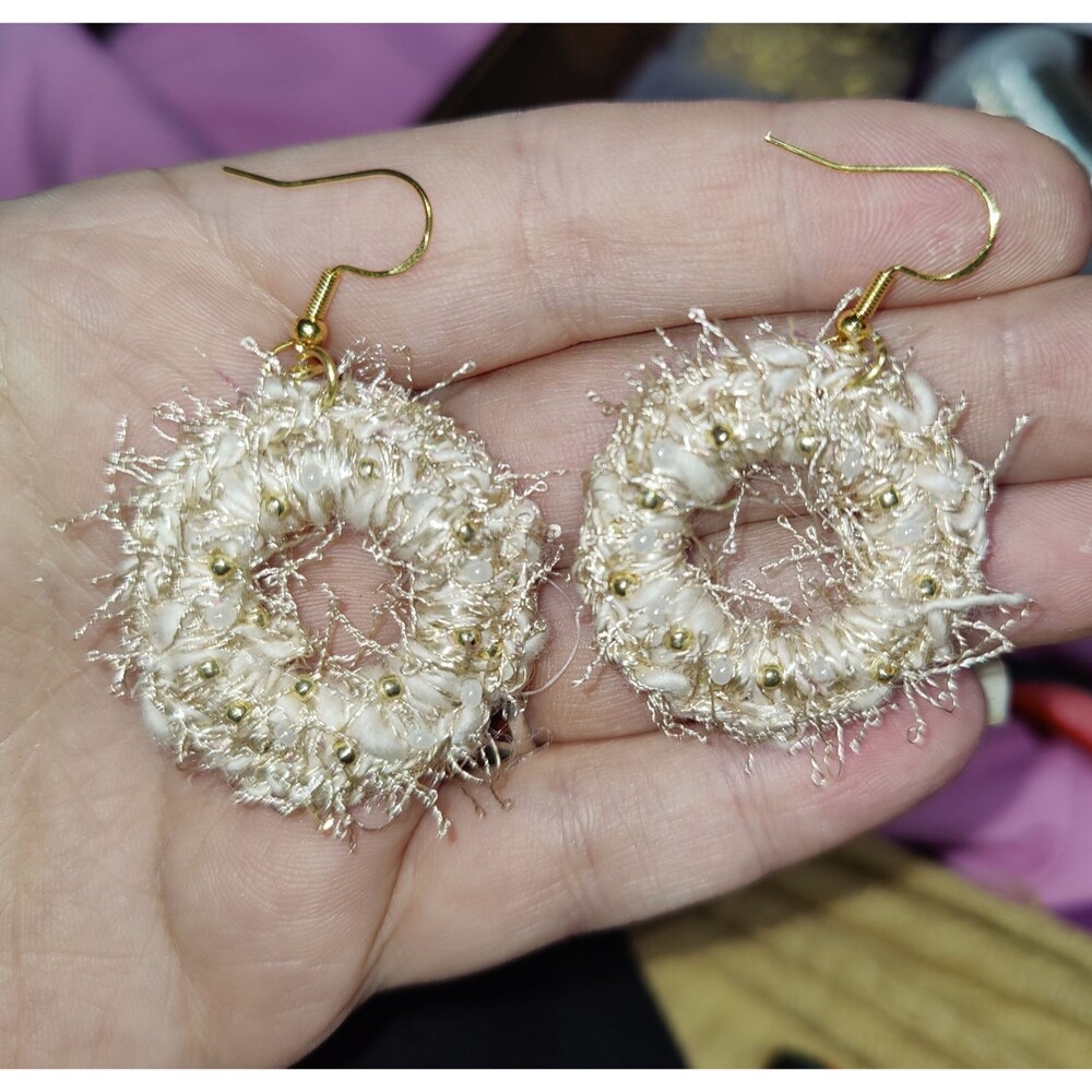 Gold Cream Crochet Beaded Earrings